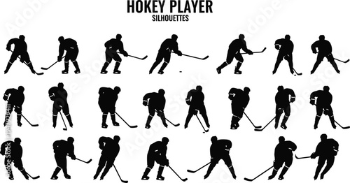 Ice hockey player silhouettes collection showing skating, dribbling and shooting actions with stick and puck, professional winter sport athletes isolated on white background