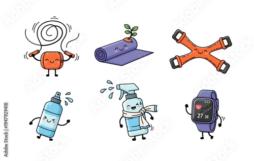Cute fitness equipment characters with yoga mat and smartwatch