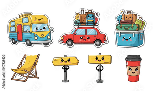 Cute Cartoon Travel Stickers with Cars and Luggage
