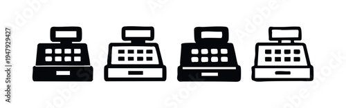 Hand Drawn Cash Register Icons Set. Doodle Style Retail and Payment Symbol Collection on White Background.