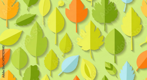 A colorful vector illustration of various leaves on a green background