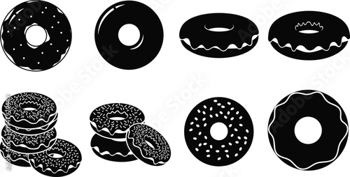 Donut icon collection with glazed sprinkle doughnut dessert silhouettes isolated sweet bakery pastry symbols for cafe menu design