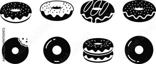 Donut icon collection with glazed sprinkle doughnut dessert silhouettes isolated sweet bakery pastry symbols for cafe menu design