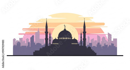 A minimalist vector illustration of a mosque at sunset in a city