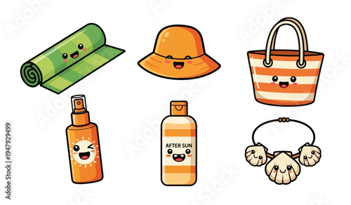 Cute summer beach accessories with smiling faces in cartoon style