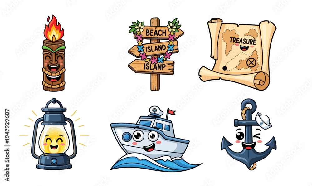 Fototapeta premium Colorful Cartoon Nautical and Tropical Icon Set with Fun Characters