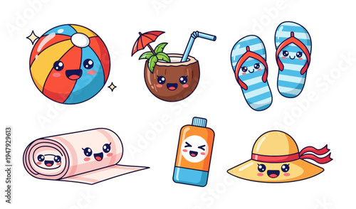 Cute summer beach icons with smiling faces and cartoon style