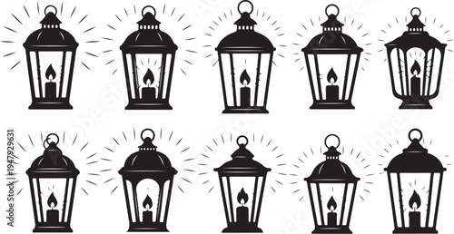 Black lanterns with light rays on white background illustration
