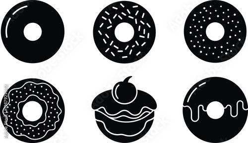 Donut icon set with glazed sprinkle doughnut dessert silhouettes isolated sweet bakery food symbols for cafe menu design