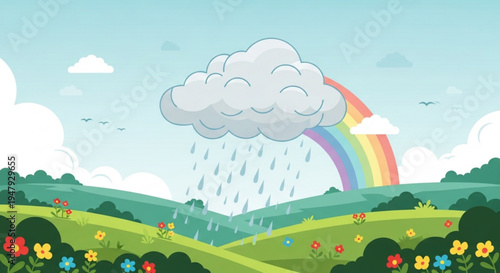 A colorful vector illustration of a rainbow appearing after a rain shower in a beautiful landscape with flowers and clouds