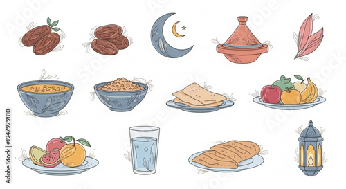 A colorful vector illustration of various food and drink items for Ramadan