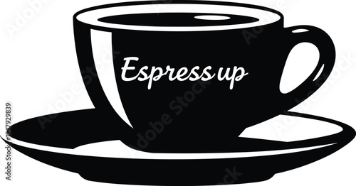 Espresso coffee cup on saucer icon silhouette with hot drink symbol for cafe beverage menu and branding