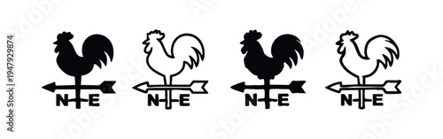 Rooster Weathervane Icon Set - Black and Outline Weathercock Symbols for Wind Direction