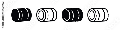Horizontal Cylindrical Object Icon Set. Pipe or Roll Vector Symbols. Industrial Element Design.