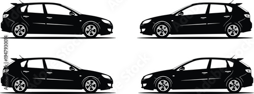 Modern hatchback car silhouettes set showing side view compact vehicles for automotive design, transportation concept isolated on white background