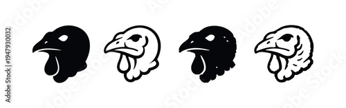 Turkey Head Profile Icon Set for Thanksgiving and Poultry: Solid, Outline, Geometric, and Hand-Drawn Styles