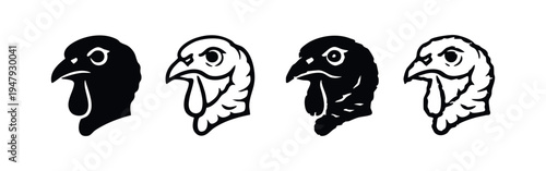 Turkey Head Silhouette and Outline Icon Set: Farm Bird Profile Vector Graphic in Multiple Styles