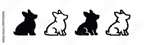 Sitting Dog Silhouette and Outline Icon Set: Cute Pet Puppy Vector Illustration in Hand-Drawn and Crisp Styles