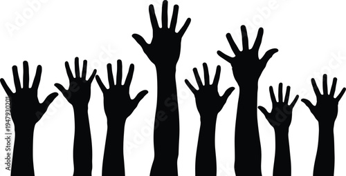 Raised hands silhouettes collection representing volunteering, voting, asking questions and crowd participation concept isolated on white background for social community design