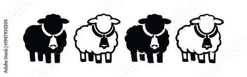 Simple Black and White Sheep Icons with Hats and Bells