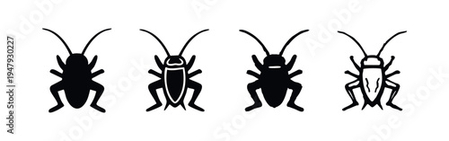 Cockroach and Cricket Insect Icon Set. Minimalist Pest Control Vector Graphics. Simple Bug Symbols.
