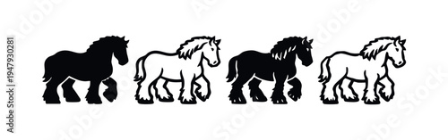 Walking Shire Horse Draft Horse Icon Set. Moving Equine Silhouette and Outline. Farm Animal Vector.