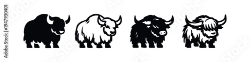 Cute Yak and Highland Cow Set, Simple Black and White Cattle Icons
