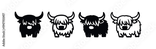 Playful Yak and Highland Cow Silhouettes, Monochrome Vector Illustrations