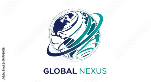 Global network icon with swirling orbital elements around a world map, representing worldwide connection, data, and digital technology.
