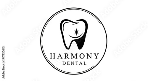 Modern black and white minimalist dental logo design with stylized tooth icon and sparkle for oral health and dentistry concept.