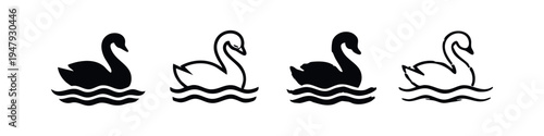 Elegant Swan Icons Set. Waterfowl Silhouettes and Outlines. Bird Vector Illustrations.
