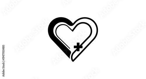 Stylized black and white intertwined hearts with a cross symbol, representing love, health, care, and unity. Minimalist vector graphic.