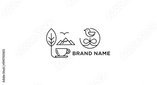 Minimalist Line Art Logo Design with Coffee Cup, Leaf, Mountains, and Birds for Nature-Inspired Brand