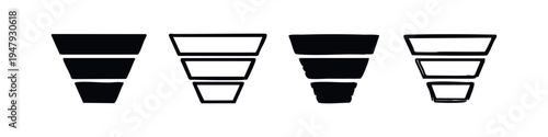 Data funnel vector icon set. Sales process and filtering symbol. Business analytics concept.