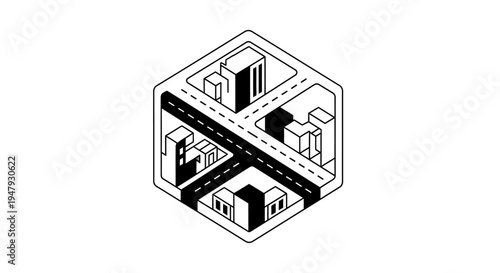 Isometric city block illustration. Minimalist urban landscape with buildings, roads, and intersections within a cubic structure, representing smart city concepts.
