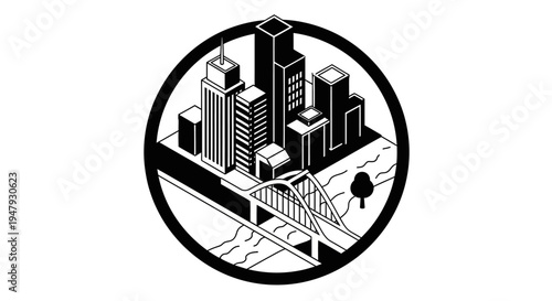 Isometric cityscape illustration. Modern urban architecture with skyscrapers, river, and bridge in a circular graphic frame.