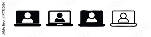 Online Meeting Video Call Icon Set with Laptop and User Profile Symbols