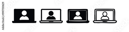 Laptop with user profile vector icon set. Online account and video call symbol. Remote work concept.