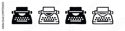 Hand-Drawn Typewriter Icon Set with Textured Vintage Writing Machine Graphics