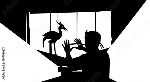 Silhouette of a Traditional Shadow Puppet Show Performance with Performer Playing Flute and Bird Character