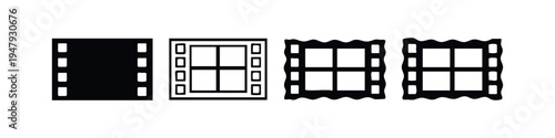 Film Strip Vertical Icons Set - Vector collection of movie reel frames with clean and rough edges, solid and outline styles.