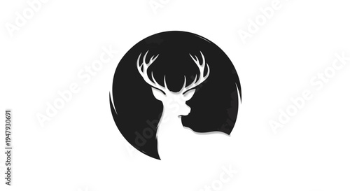 Elegant Deer Head Silhouette with Majestic Antlers in a Minimalist Black and White Circular Graphic Design