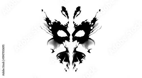 Abstract Symmetrical Black Inkblot on White. Mysterious Rorschach-style design suggesting a mask, face, or creature.