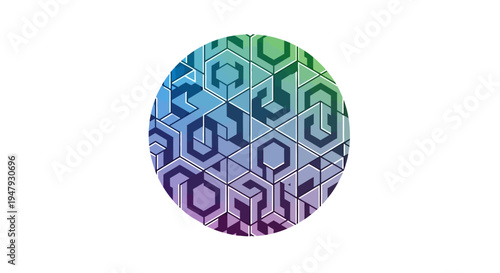 Vibrant gradient circle with intricate abstract geometric pattern of interconnected hexagons and polygons. Modern digital technology background.