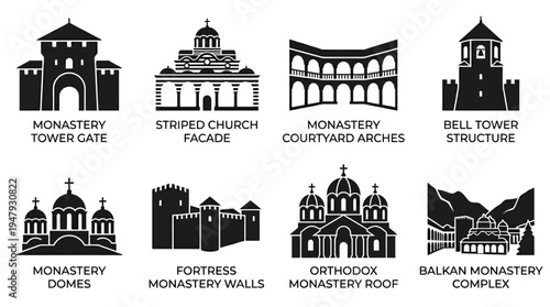 Prague Landmarks Vector Icon Set – Czech Republic Cityscape Vectors Featuring Powder Tower, St. Nicholas Church, Charles Bridge, Old Town Hall, Prague Castle, and Strahov Monastery