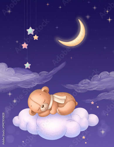 Cute baby teddy bear sleeping on the cloud ai illustration 