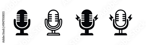 Set of microphone icons with lightning bolts, live podcast and broadcast symbols
