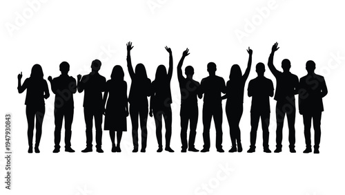 A group of people standing together with some arms raised