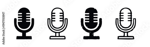 Collection of vintage microphone icons in solid and outline styles with grunge textures
