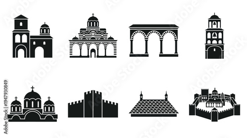 Balkan Monastery Landmarks Vector Icon Set – Southeastern Europe Vectors Featuring Tower Gate, Striped Facade, Courtyard Arches, Bell Tower, Fortress Walls, Domes, Roofs, and Complex Layouts